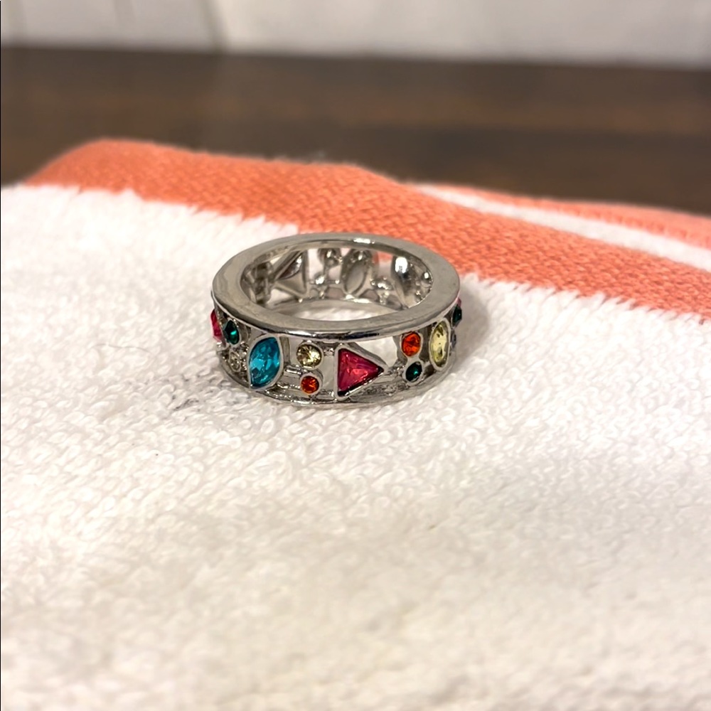 Silver Multi Geometrical Colored Ring sz 10